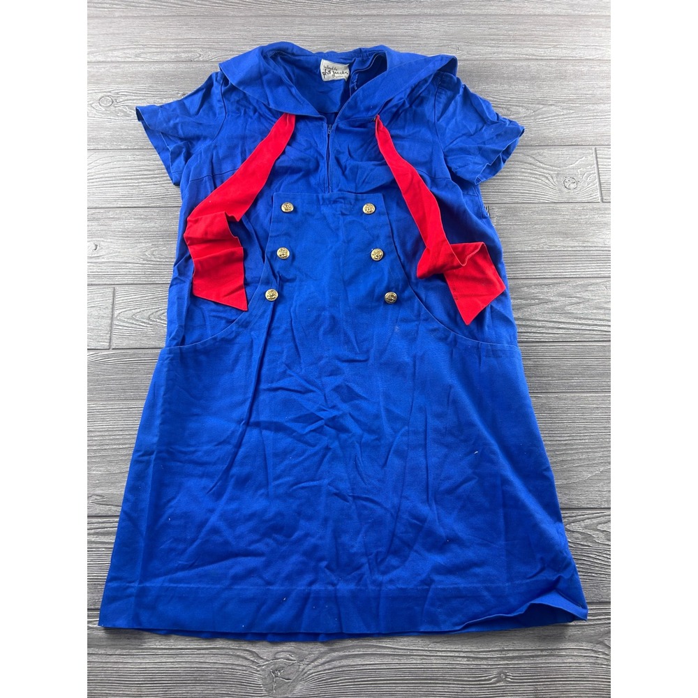 Vintage Phil Jacobs Sailor Dress Royal Blue Red Tie Gold Buttons Nautical Retro